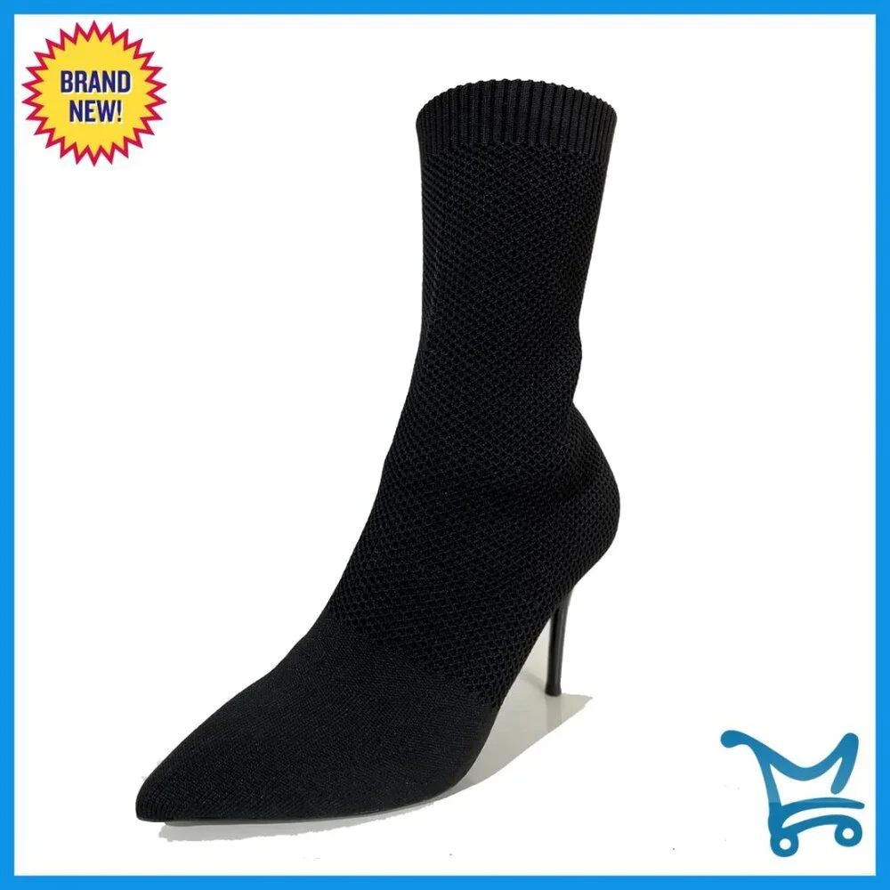 Pointed Toe Stiletto Ankle Booties Stretch Knit Pull-On Warm Fleece Lined